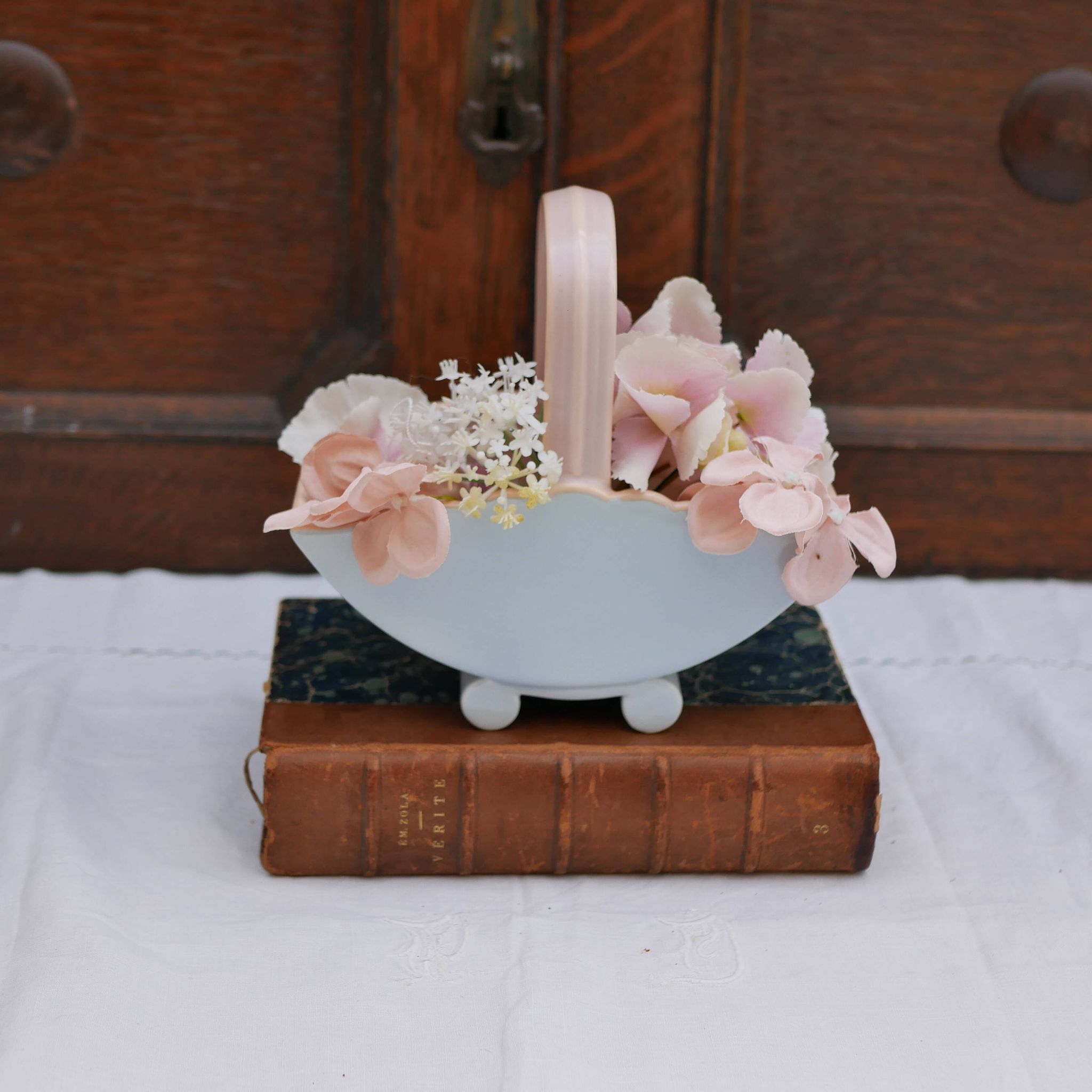 Vintage pink and blue ceramic basket vase