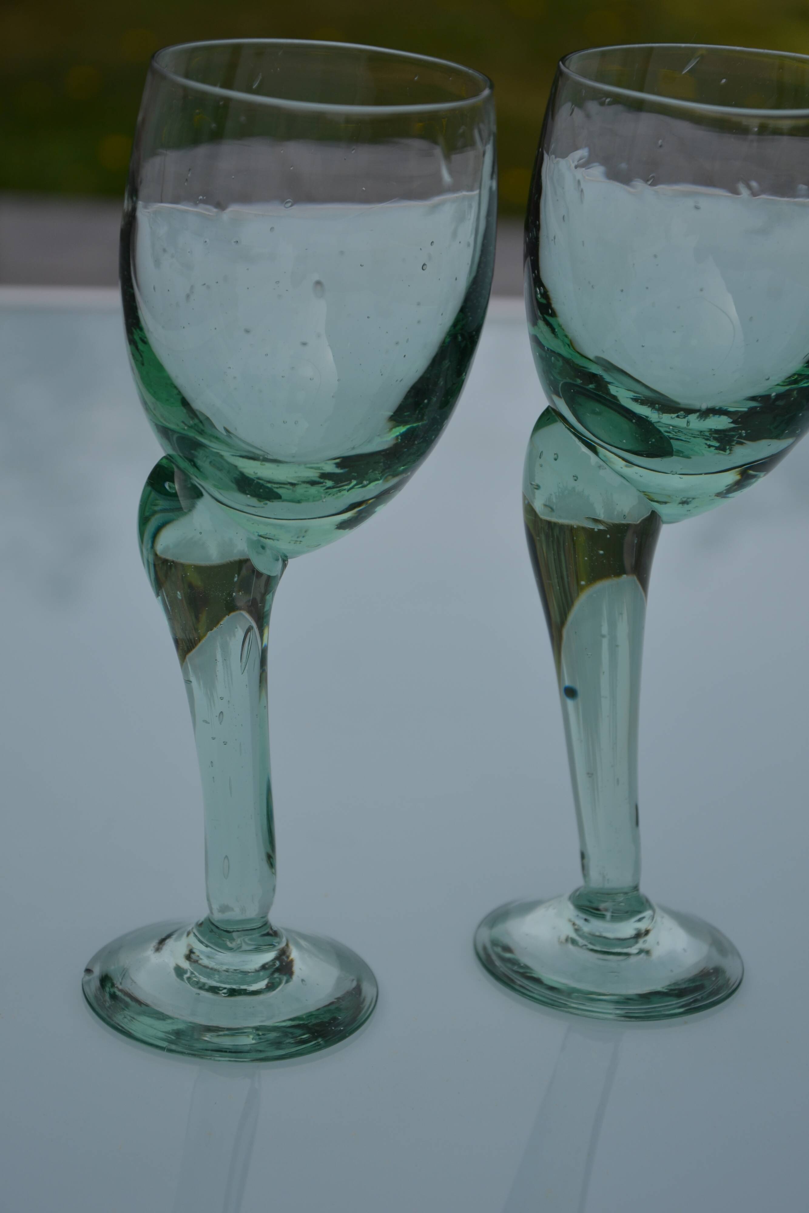 Hand-blown, bubbled stemmed glasses with offset feet