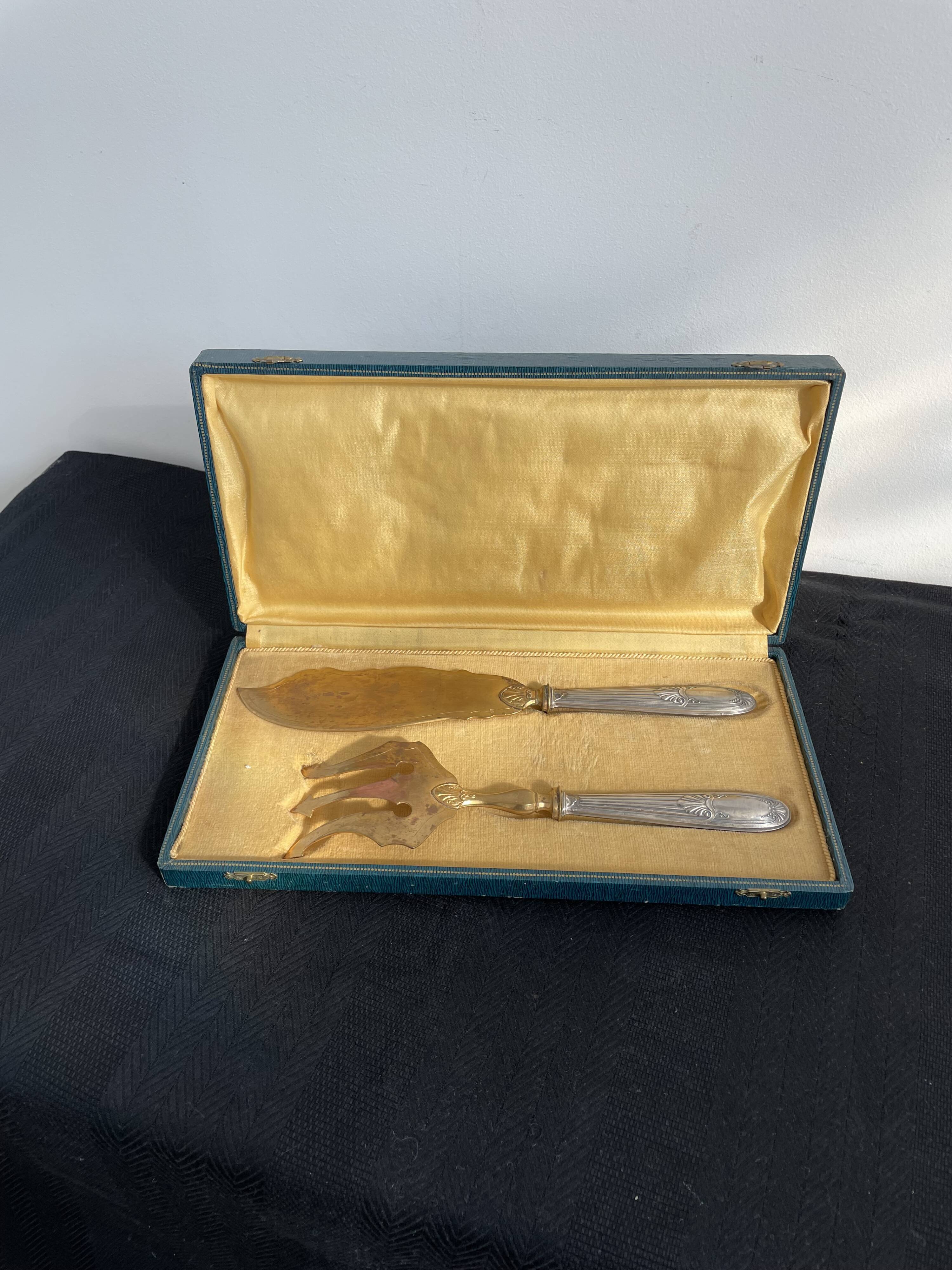 Antique, fish service cover, stuffed silver, gilded metal, France