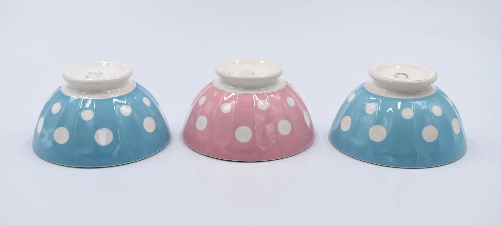 3 small vintage bowls digoin sarreguemines with polka dots pastel colors pink blue