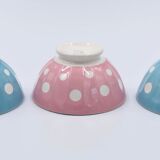 3 small vintage bowls digoin sarreguemines with polka dots pastel colors pink blue
