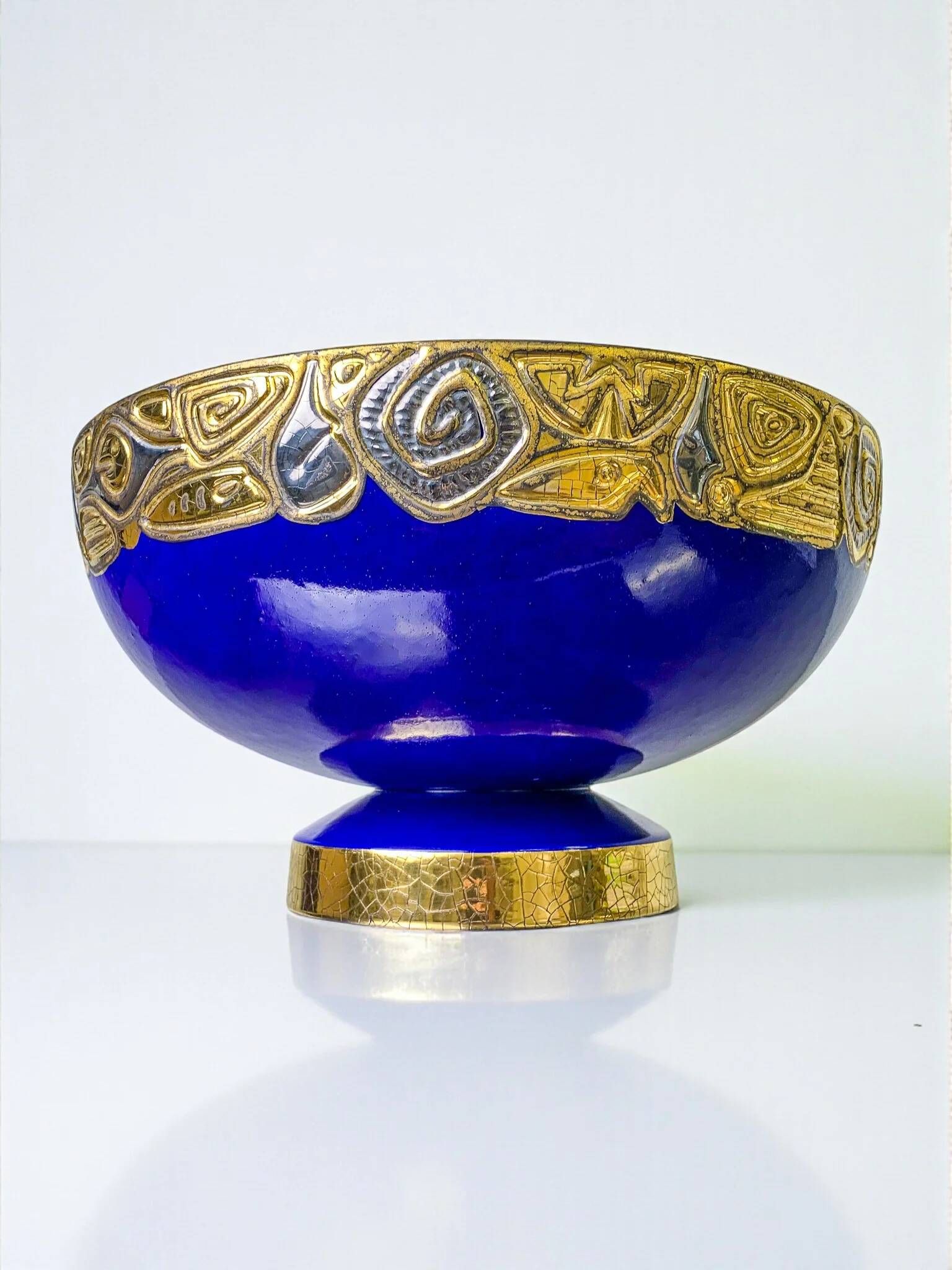 Art Deco French ceramic centerpiece bowl, hand-painted cobalt blue & gold, 20th century