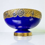 Art Deco French ceramic centerpiece bowl, hand-painted cobalt blue & gold, 20th century