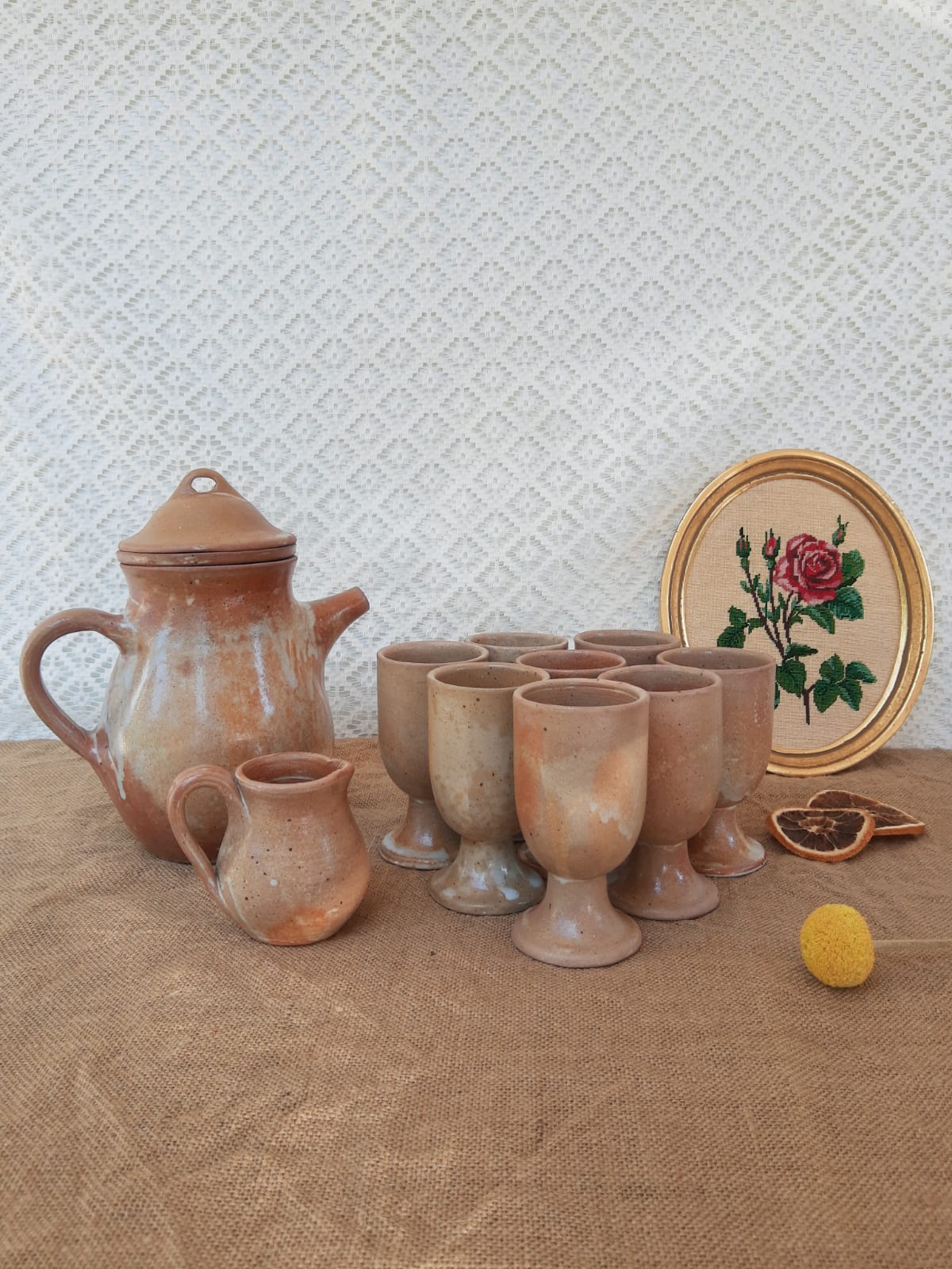 Vintage stoneware 8 mazagrans teapot and milk jug set