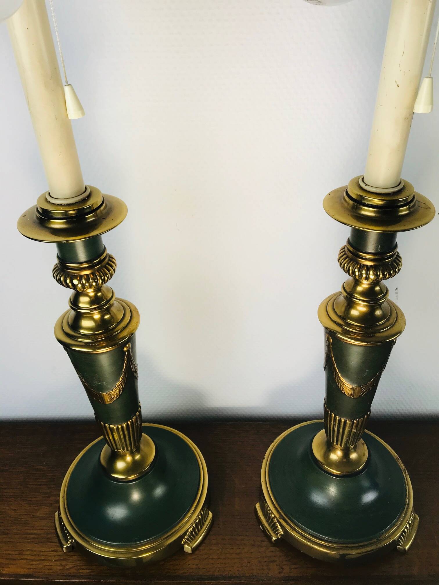 Vintage dutch brass and green table lamps from kullmann, 1970s, set of 2 table lamps. baroque