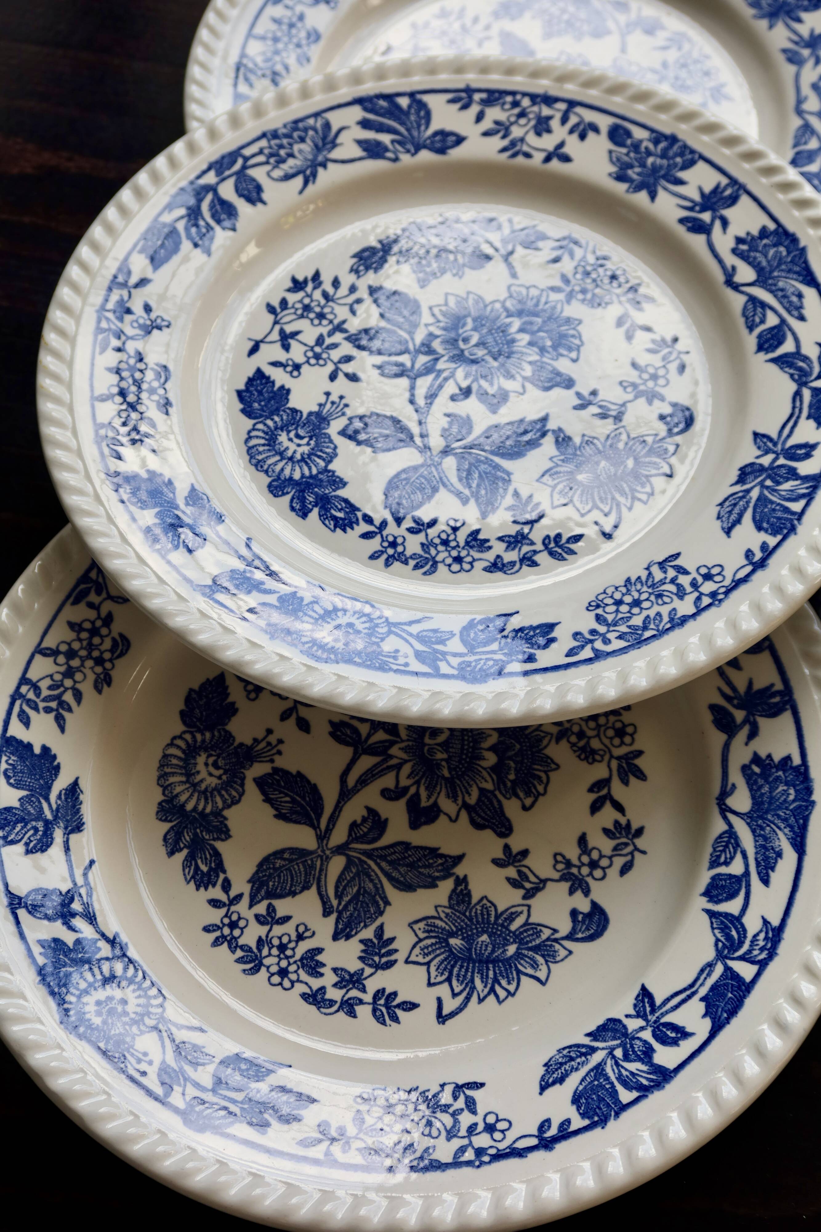 6 vintage white porcelain dinner plates with a blue floral pattern