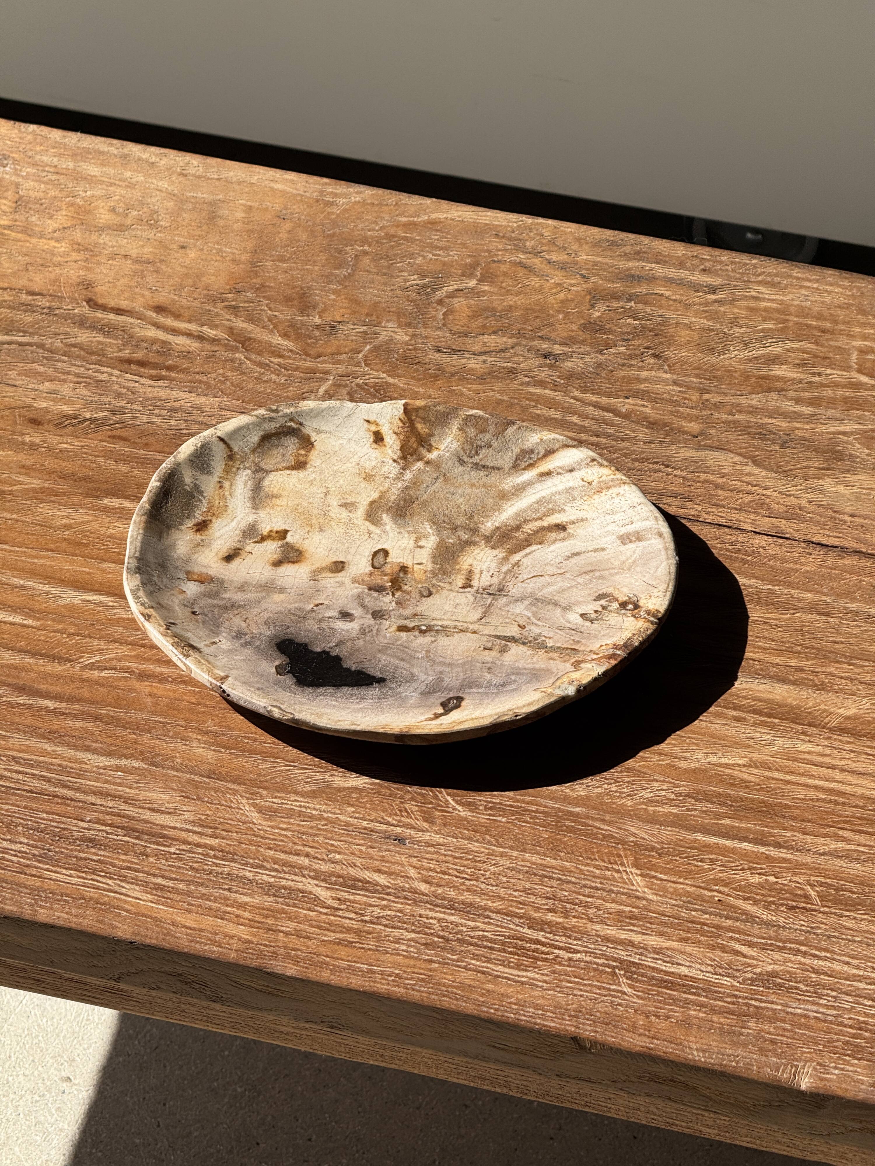 Petit vide poche ou plat en bois pétrifié beige tache noire D20x17 -3316
