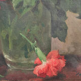 Tableau ancien bouquet de roses et oeillets 1900