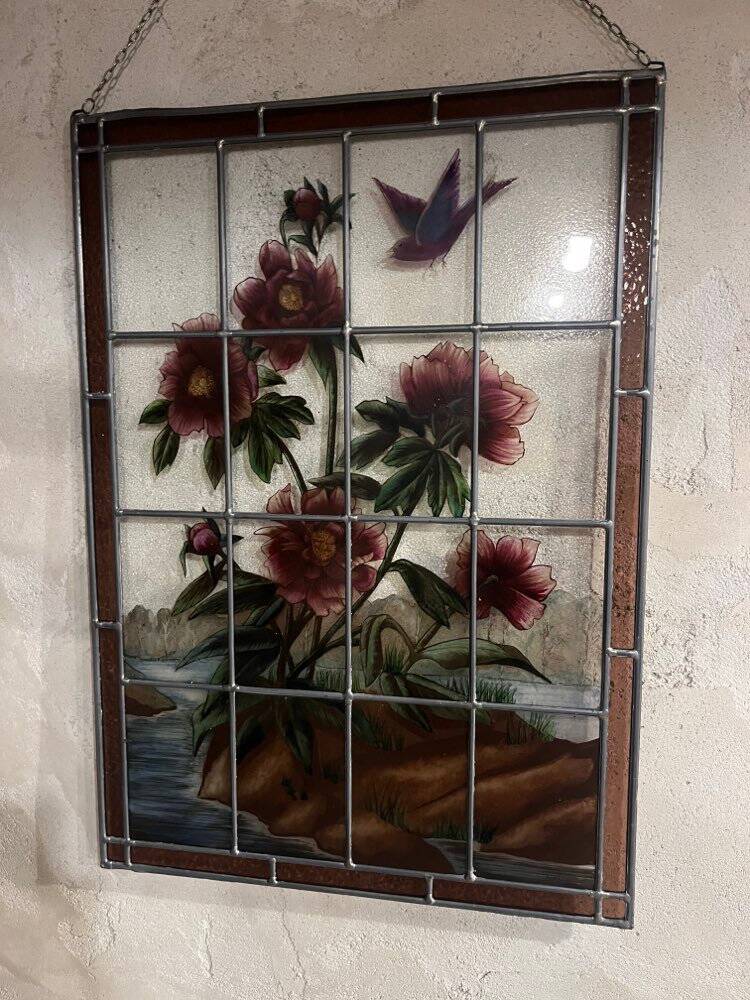 Stained glass "vegetation with peonies"