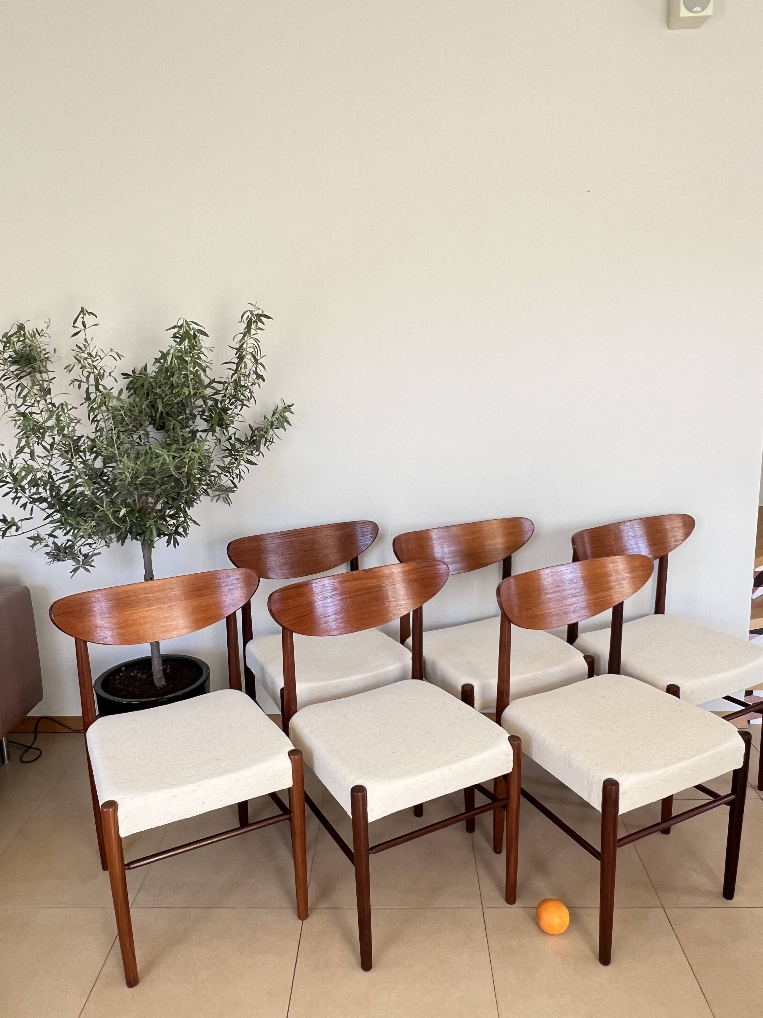 Set of 6 Scandinavian style Danish teak upholstered chairs. 1960s