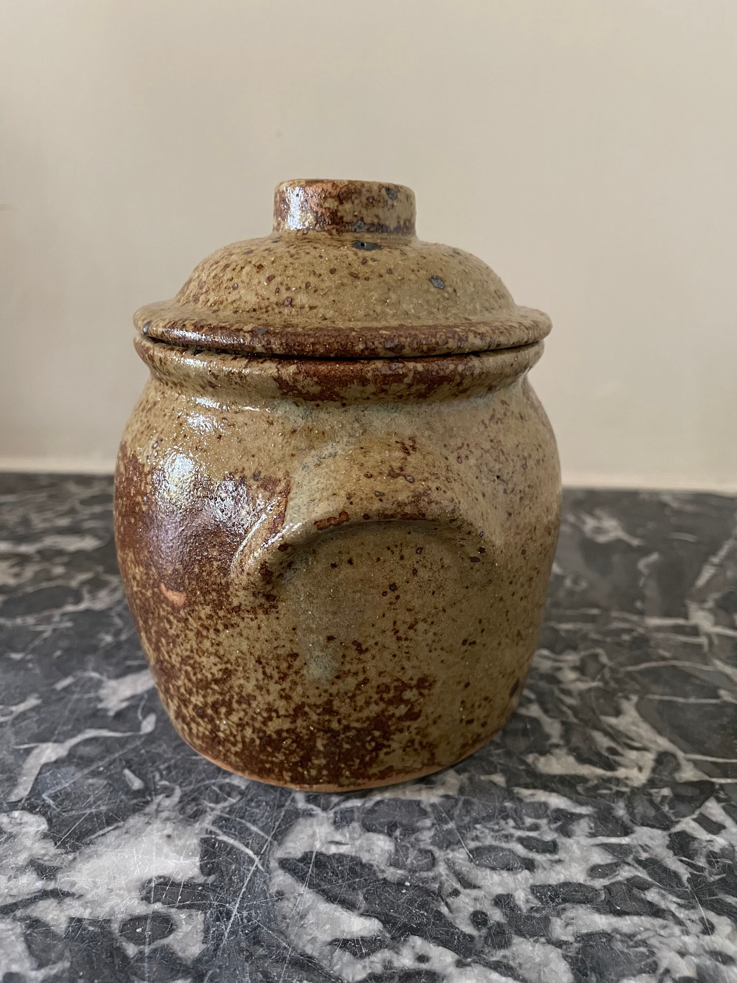 Vintage pyrite stoneware lid pot