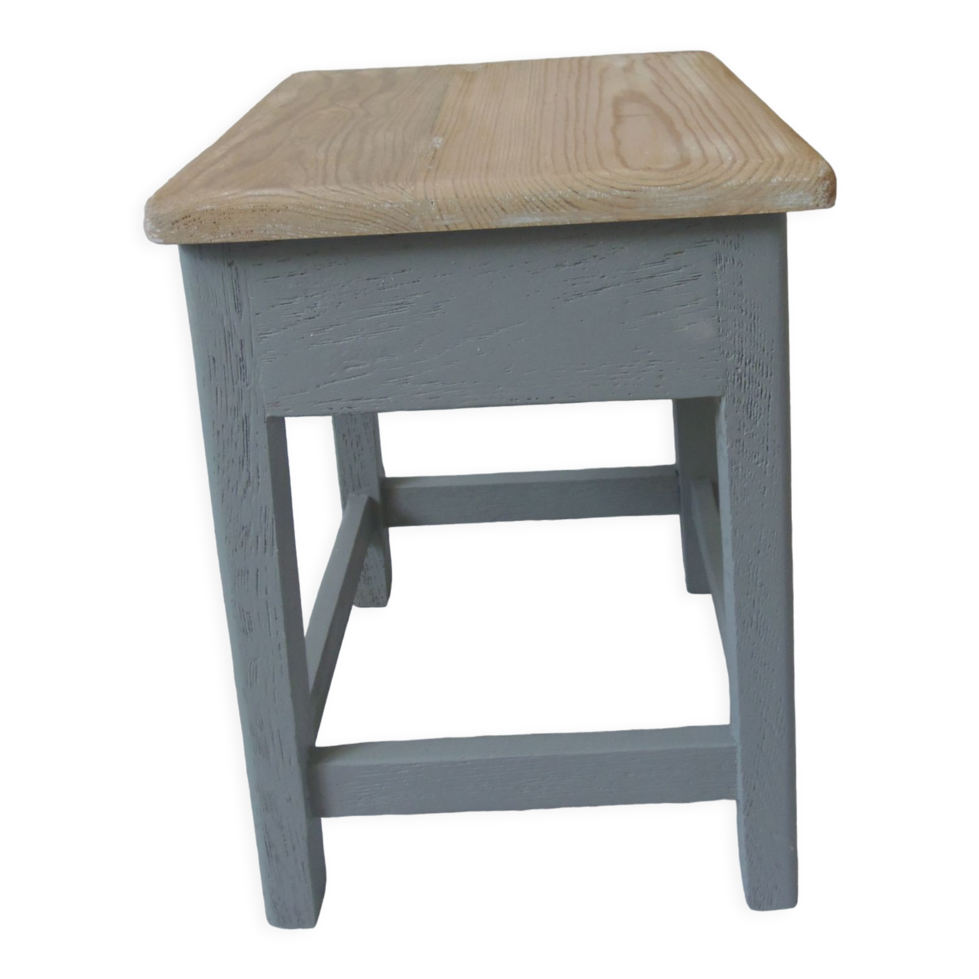 Vintage shoeshine stool base green of gray, wooden seat