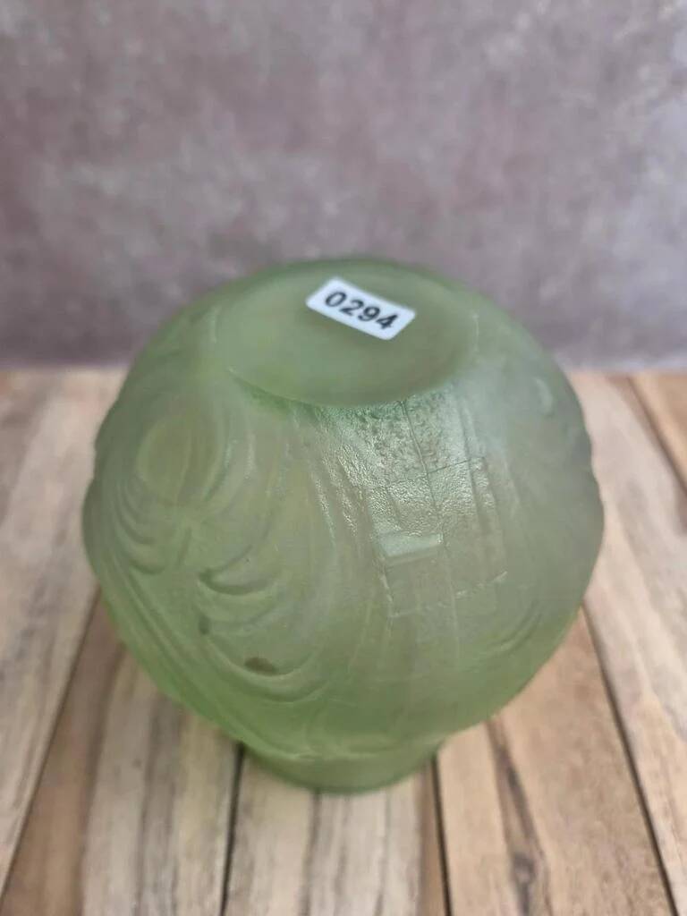 Small Art Deco round vase in moulded green pressed glass – relief decoration