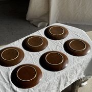 Lot de 6 assiettes à dessert vintage en grès brun