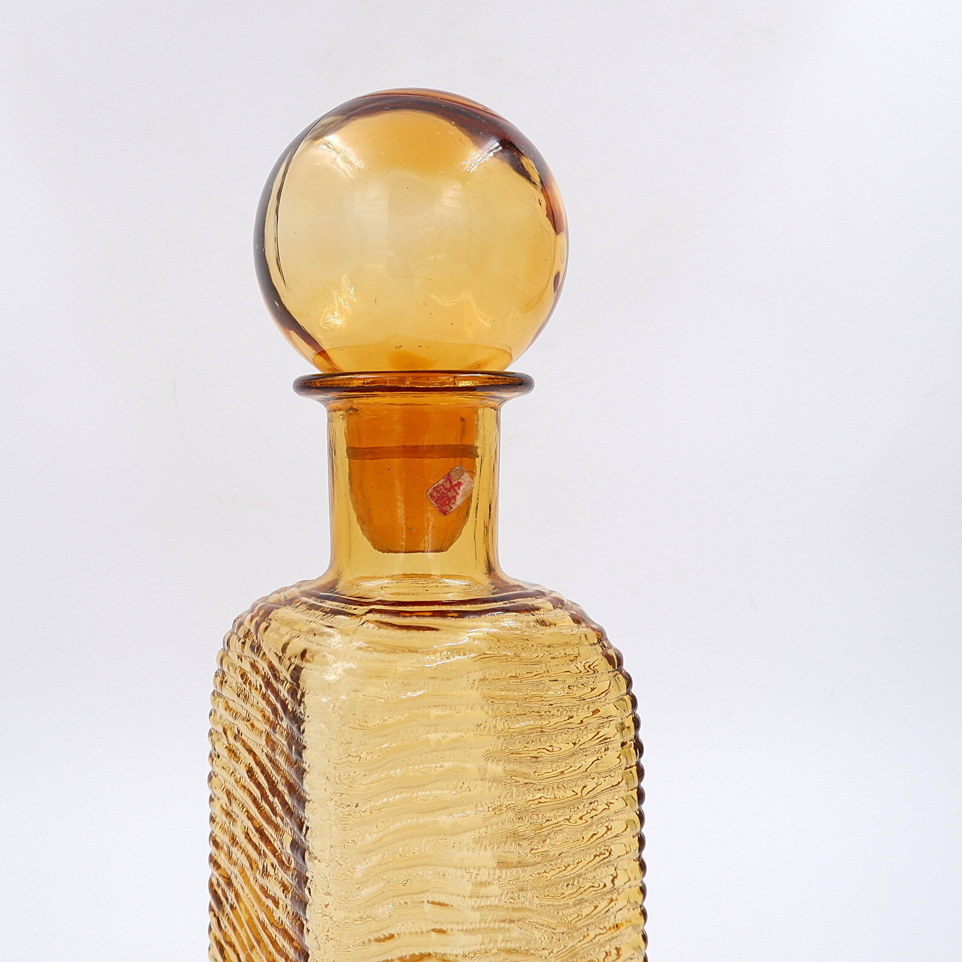 Vintage Italian MCM Empoli Wavy Amber Glass Decanter with Round Ball Stopper