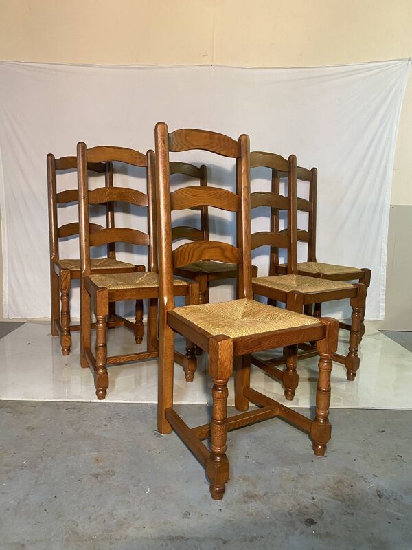 Ensemble de 6 chaises en bois massif avec assise en paille - Style rustique
