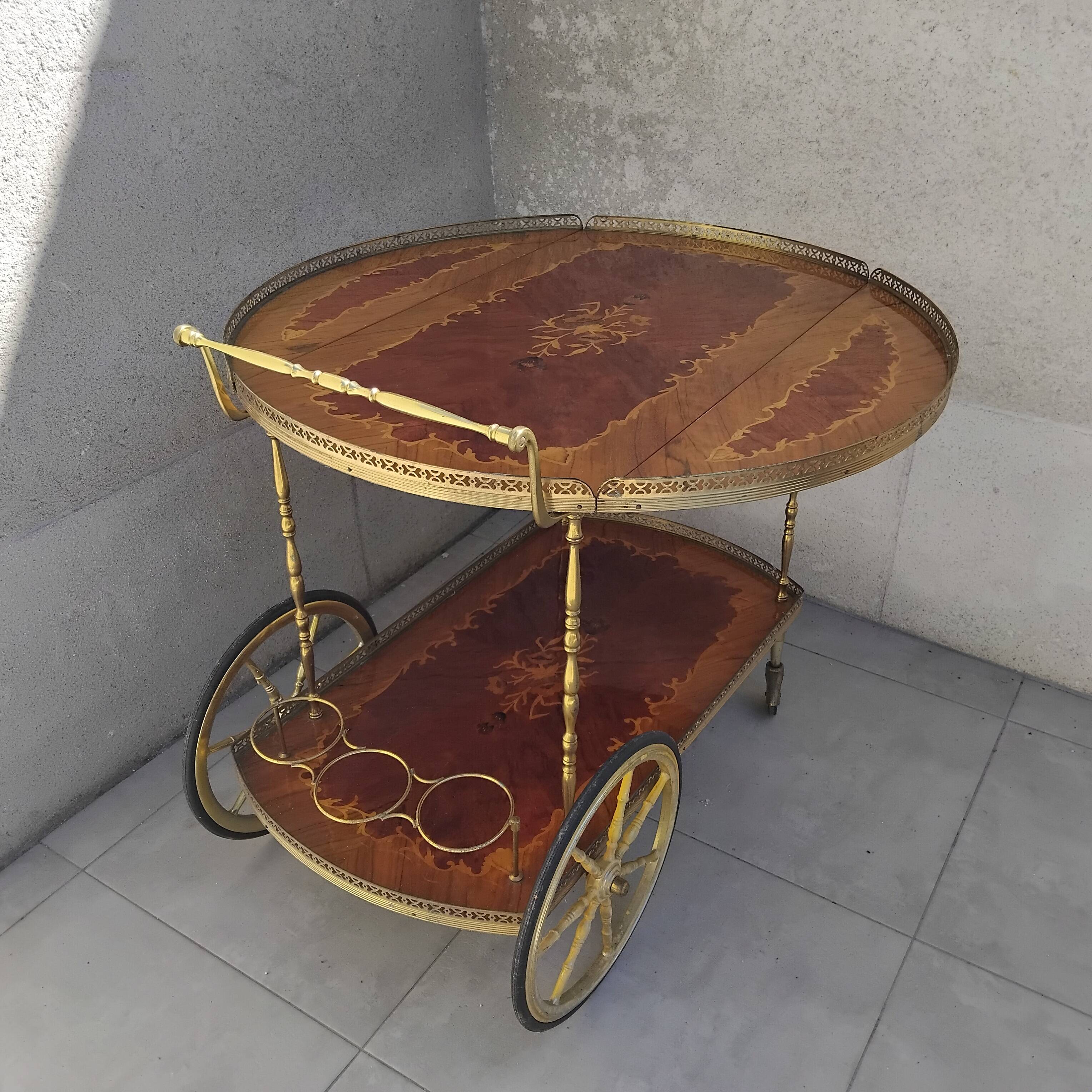 1950s marquetry and brass serving trolley