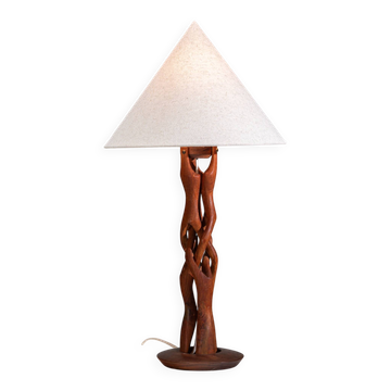 Organic form sculptural teak table lamp