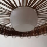 Scandinavian cylindrical pendant lamp with rattan dial and opaline in real and smoked glass