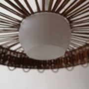 Scandinavian cylindrical pendant lamp with rattan dial and opaline in real and smoked glass