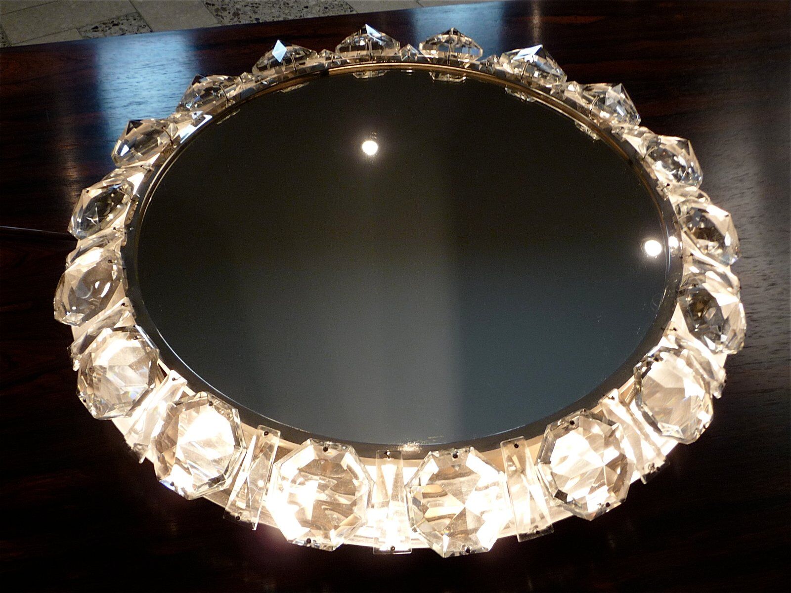 Illuminated round crystal glass mirror from Palwa, West-Germany 1950s
