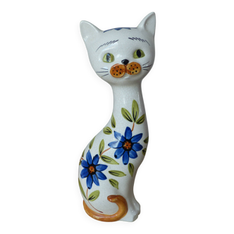 Hand-painted ceramic cat statuette with blue flower decor in Japan