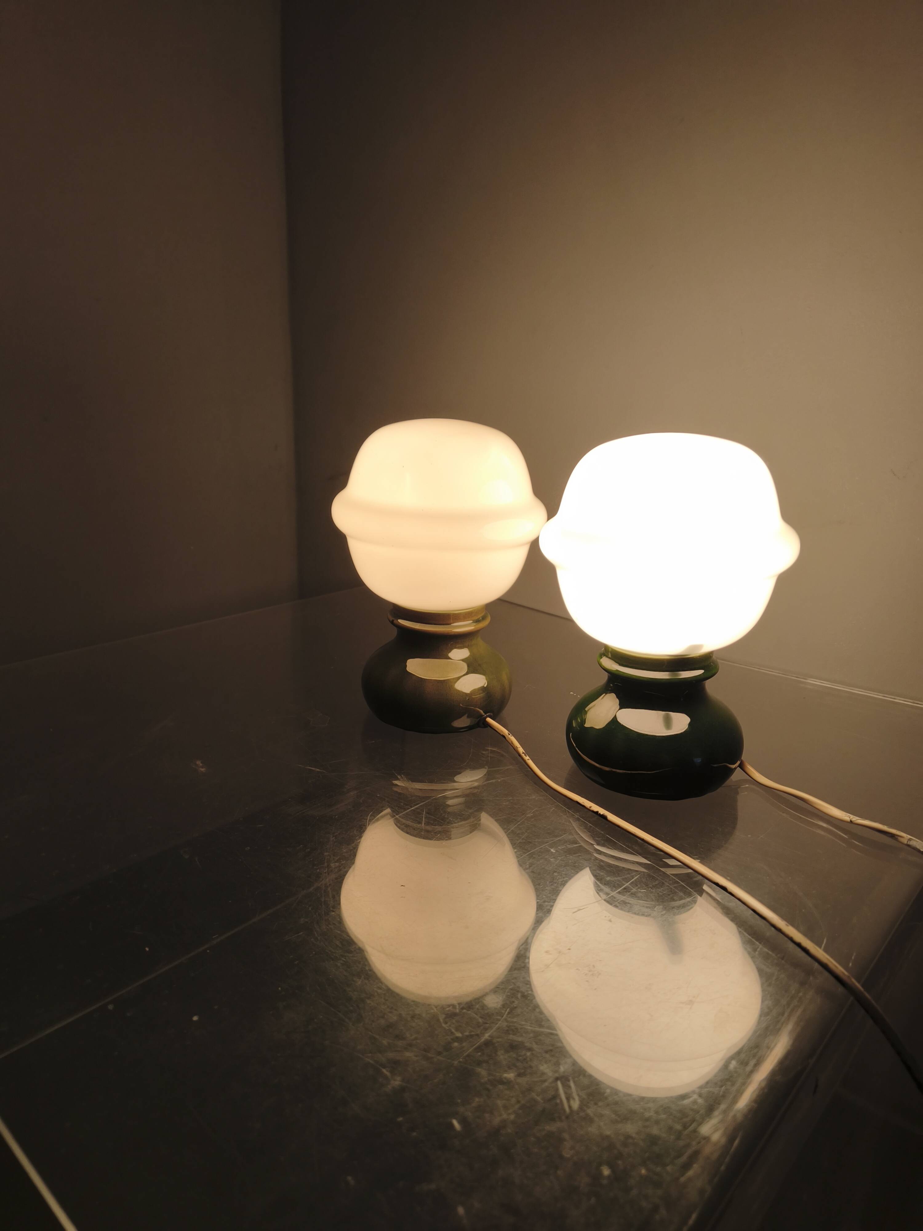 Pair Czech 1970s Milk Glass and Green Ceramic Table Lamps