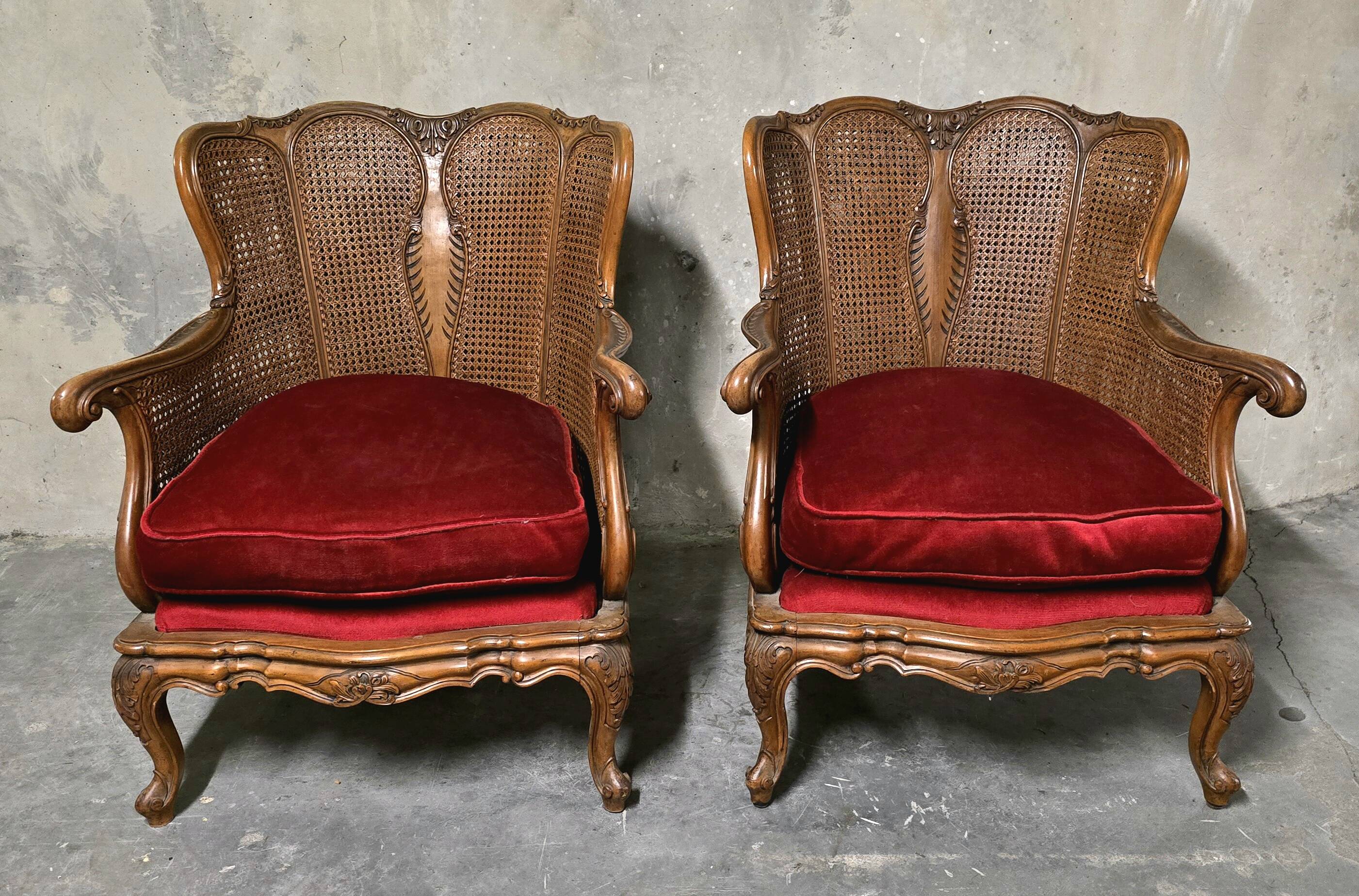 Pair of wooden and rattan armchairs, Louis XV style