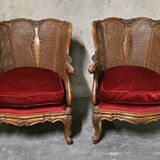 Pair of wooden and rattan armchairs, Louis XV style