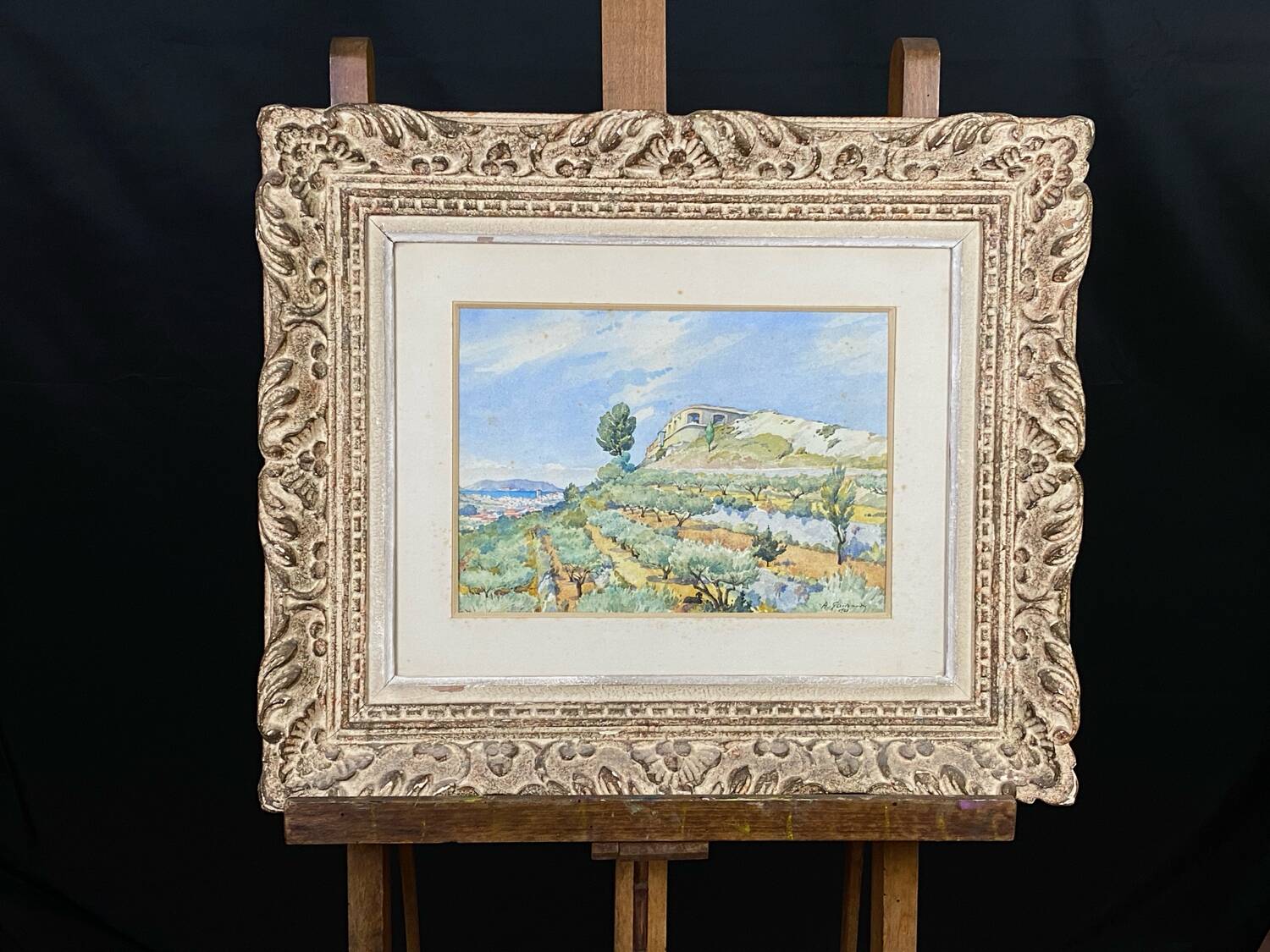 Watercolour landscape of Provence "the fort on the town", early 20th century.