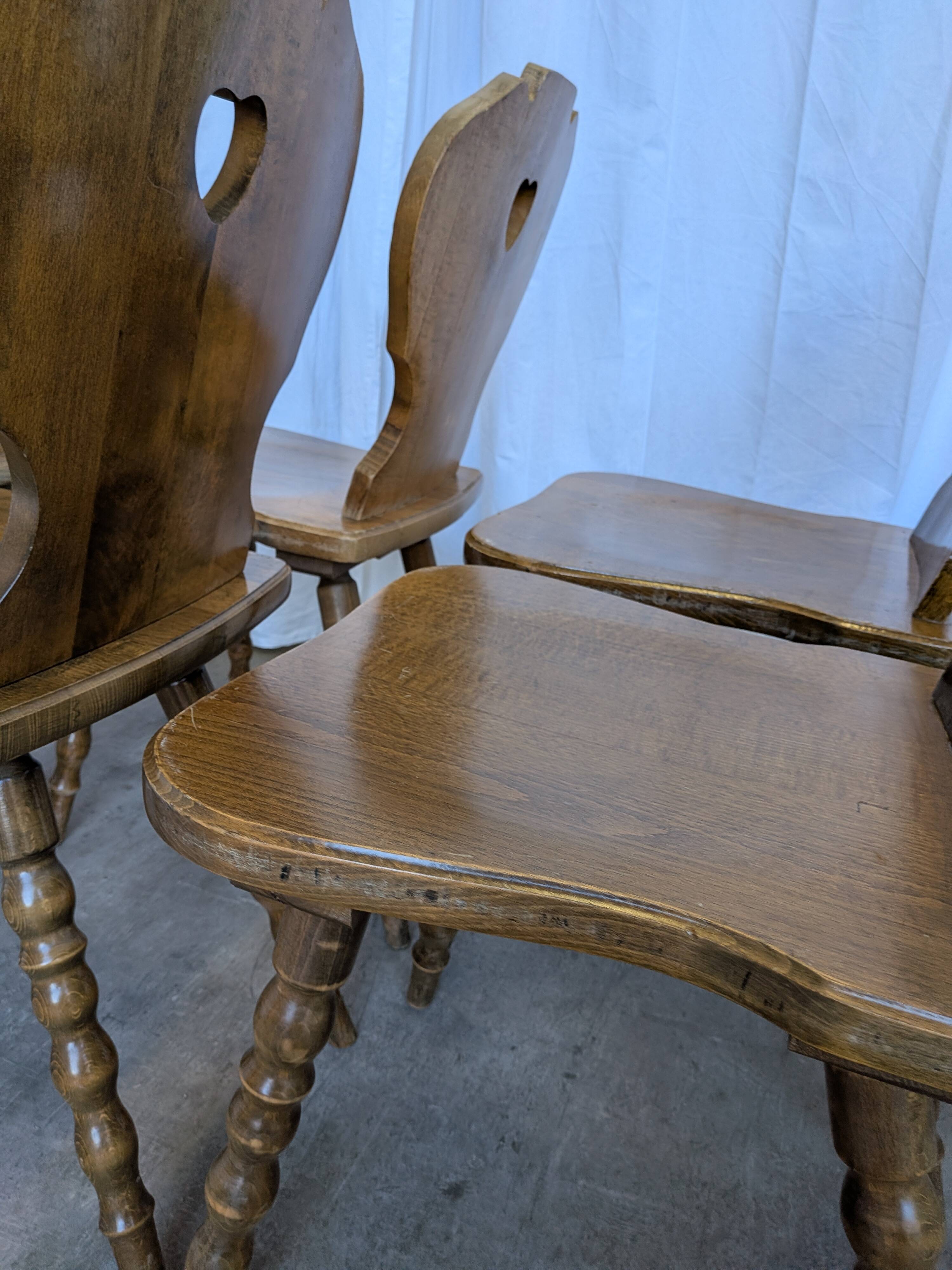 Set of 8 Vintage Tyrolean Heart Cutout Wooden Dining Chairs / Darker Brown
