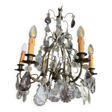 Lustre cage 9 lights with pendants Louis XV