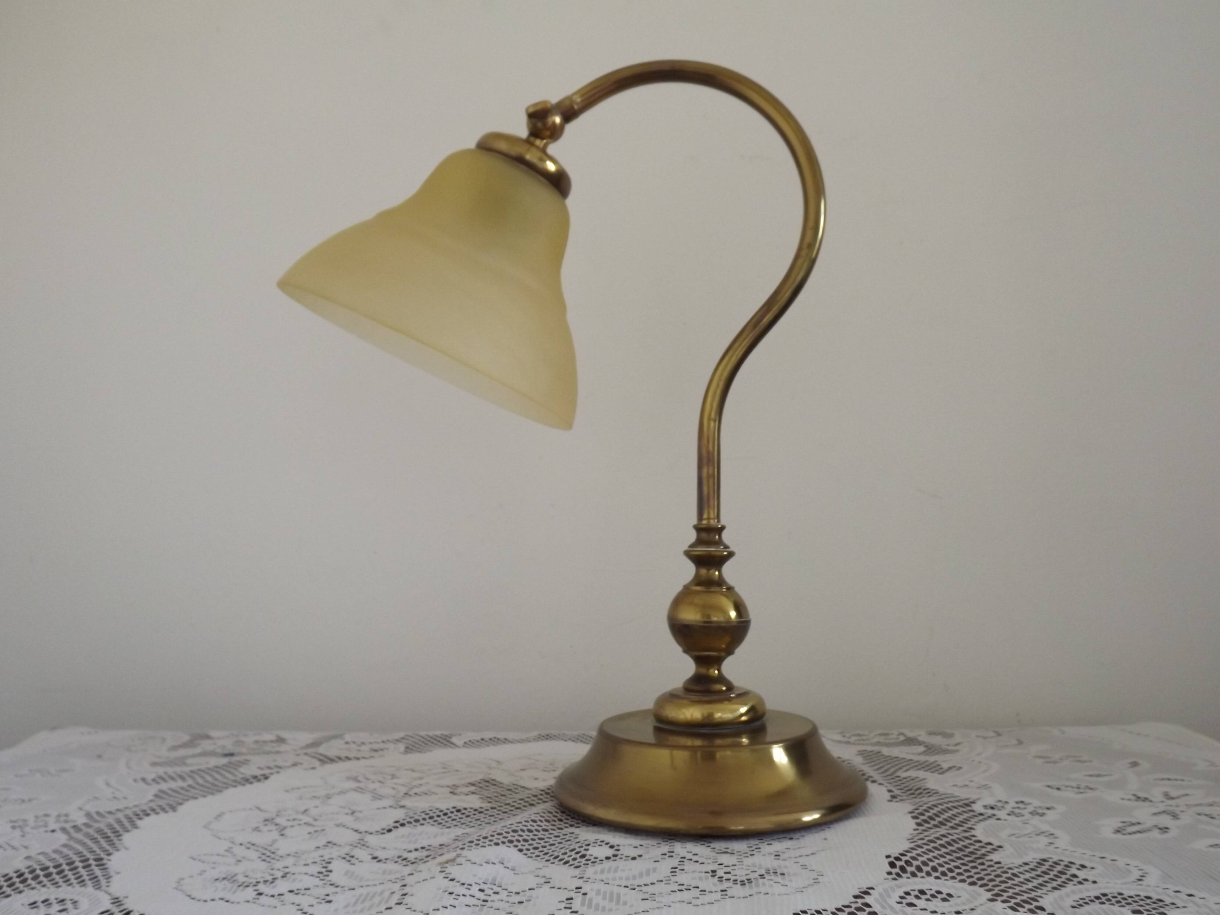 French Vintage Brass Goose Neck Table Lamp Patterned Glass Shade 5353