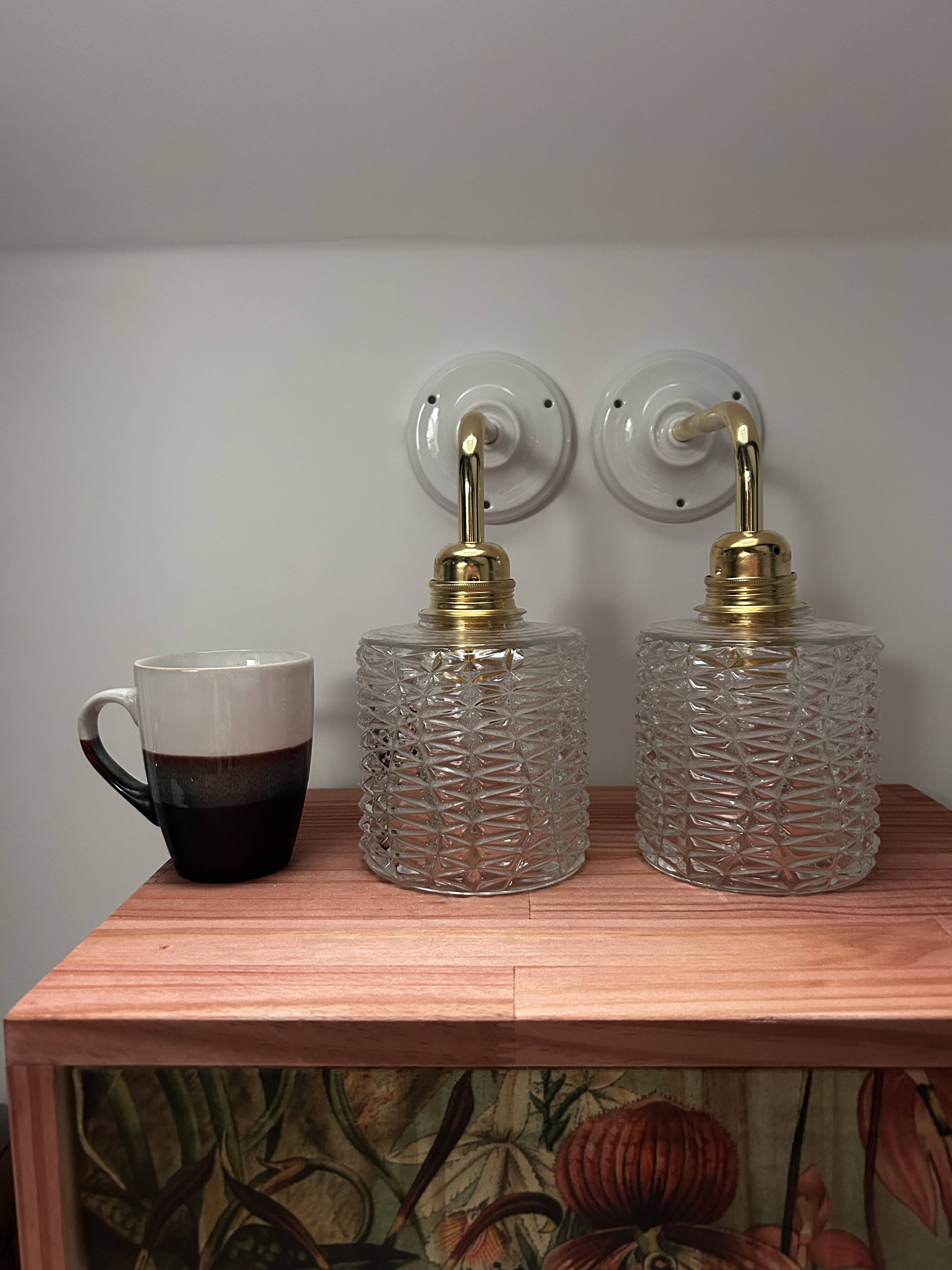 Pair of seventies glass globe wall lights