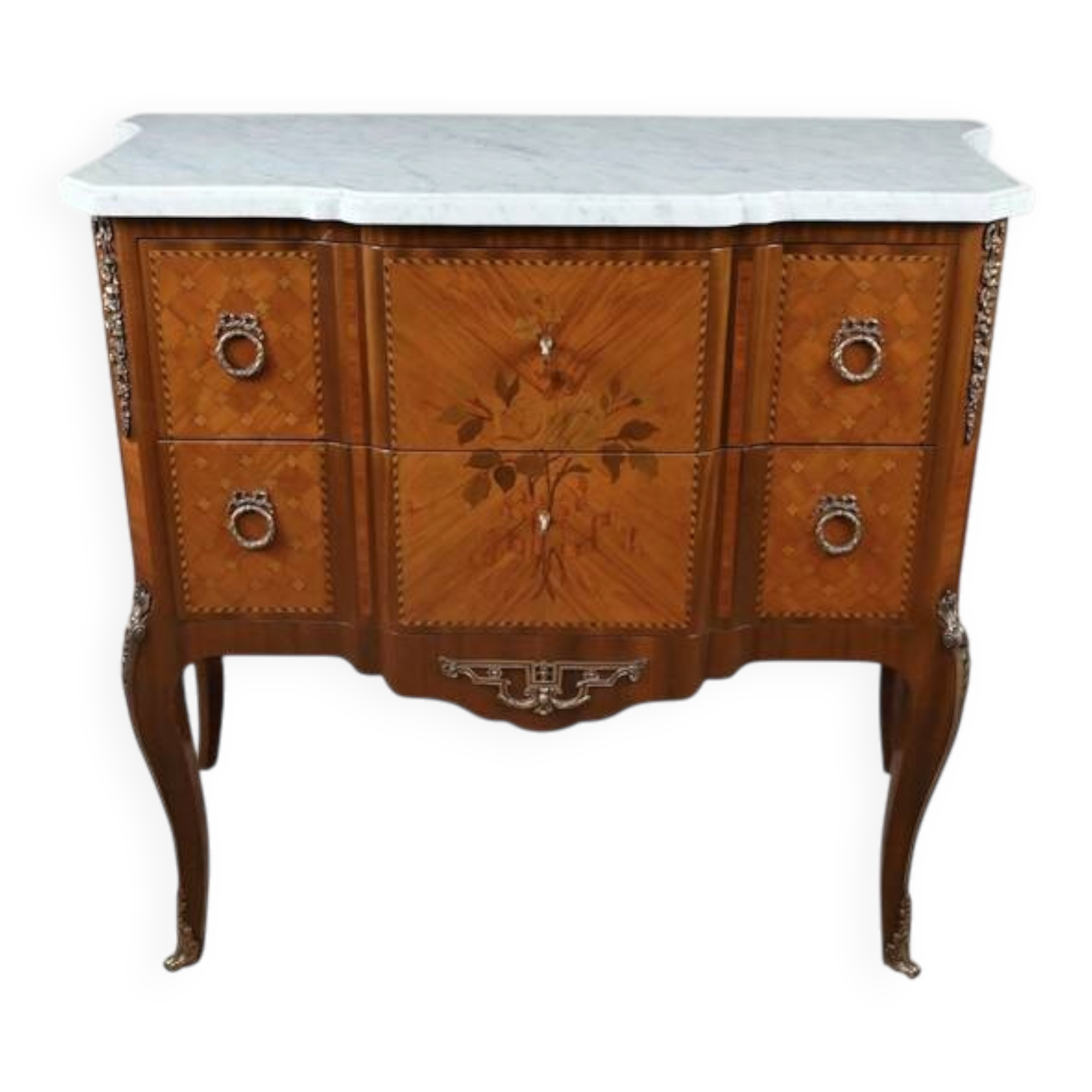 Commode sauteuse en marqueterie, style Transition Louis XV - Louis XVI – milieu XXe