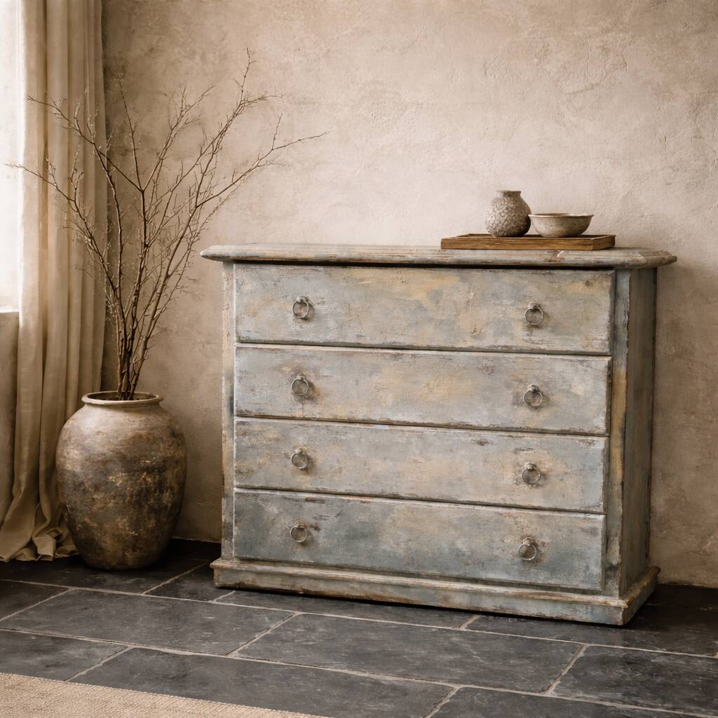 Commode patinée beige et bleu style wabi sabi