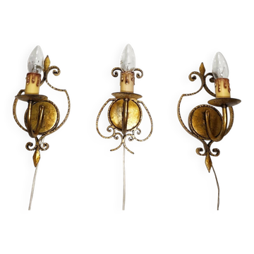 3 appliques en fer forgé et feuille d'or, Espagne, années 1960