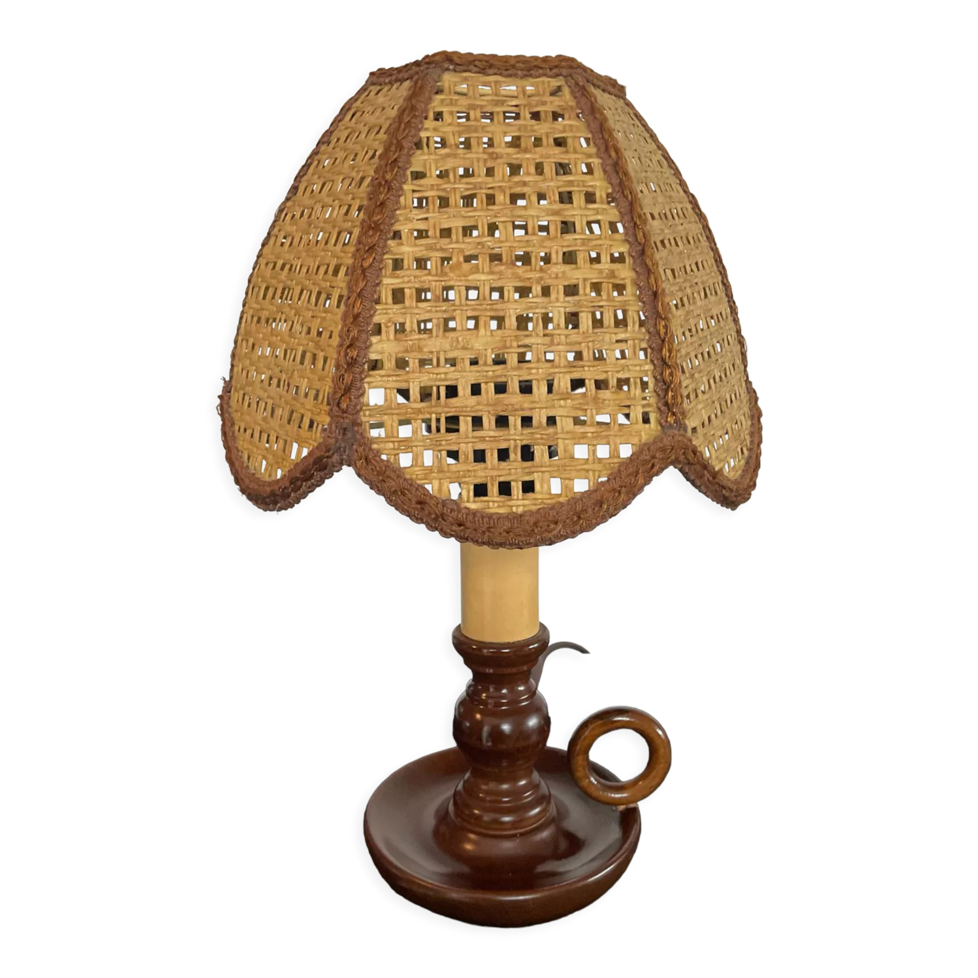 Lampe vintage en bois et cannage des années 60-70