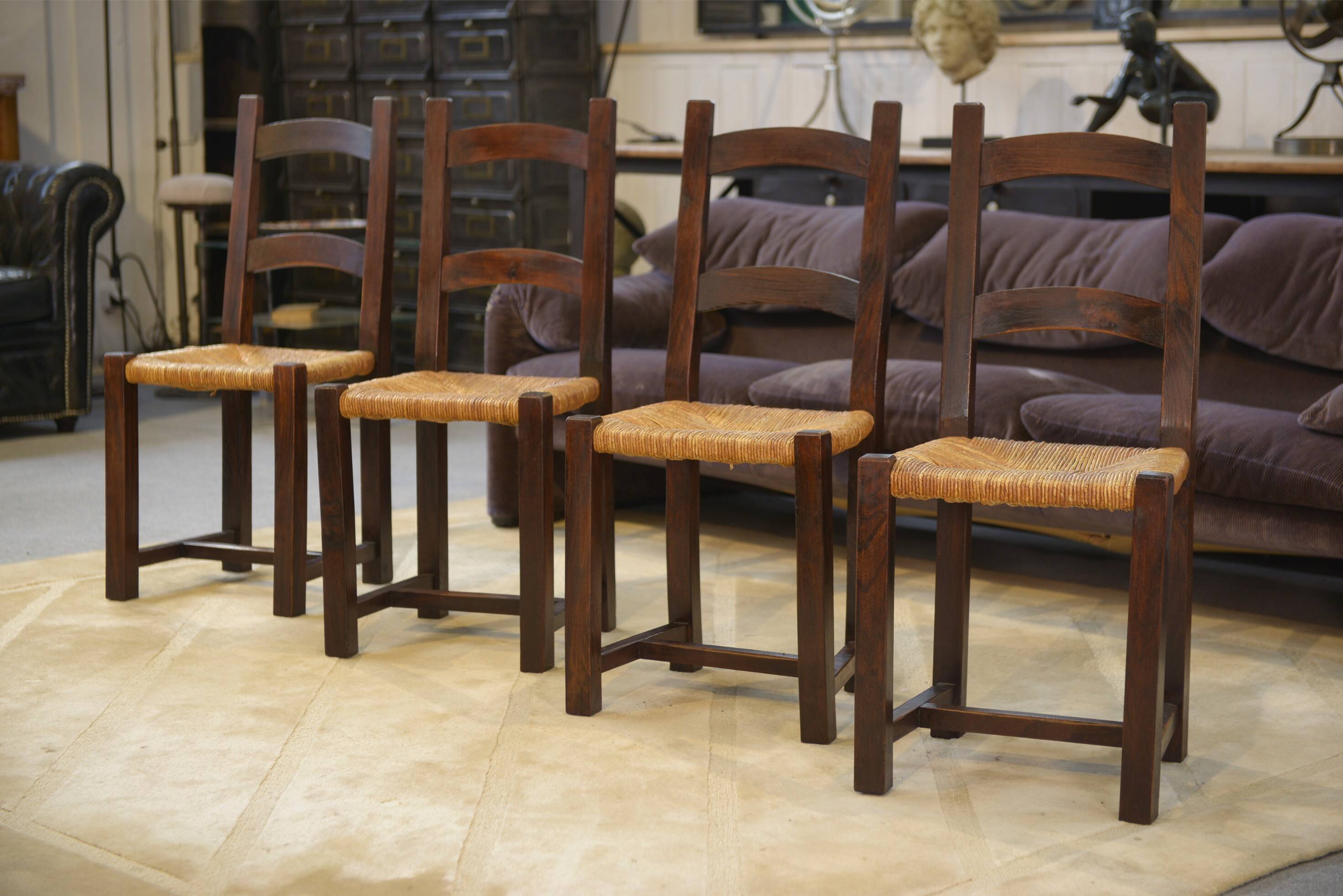 Set of 4 chairs in elm and straw by Aranjou 1950s