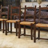 Set of 4 chairs in elm and straw by Aranjou 1950s