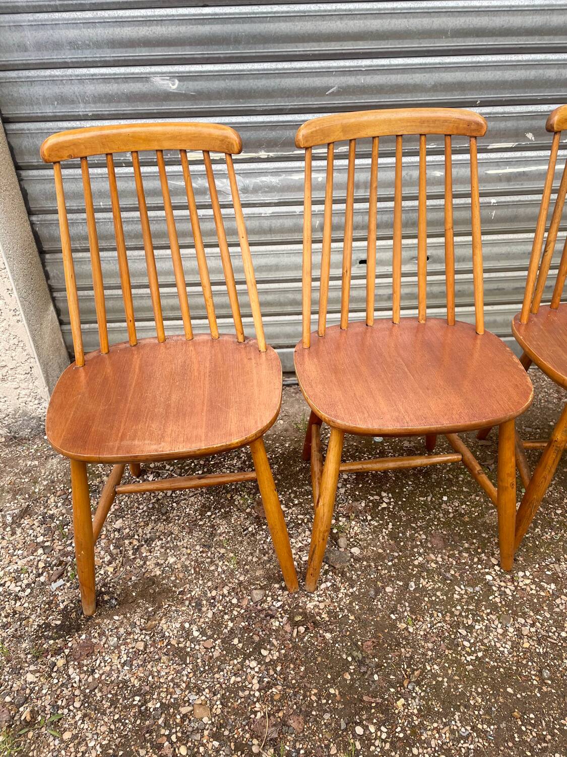 Set of 4 vintage beech chairs with teak seat