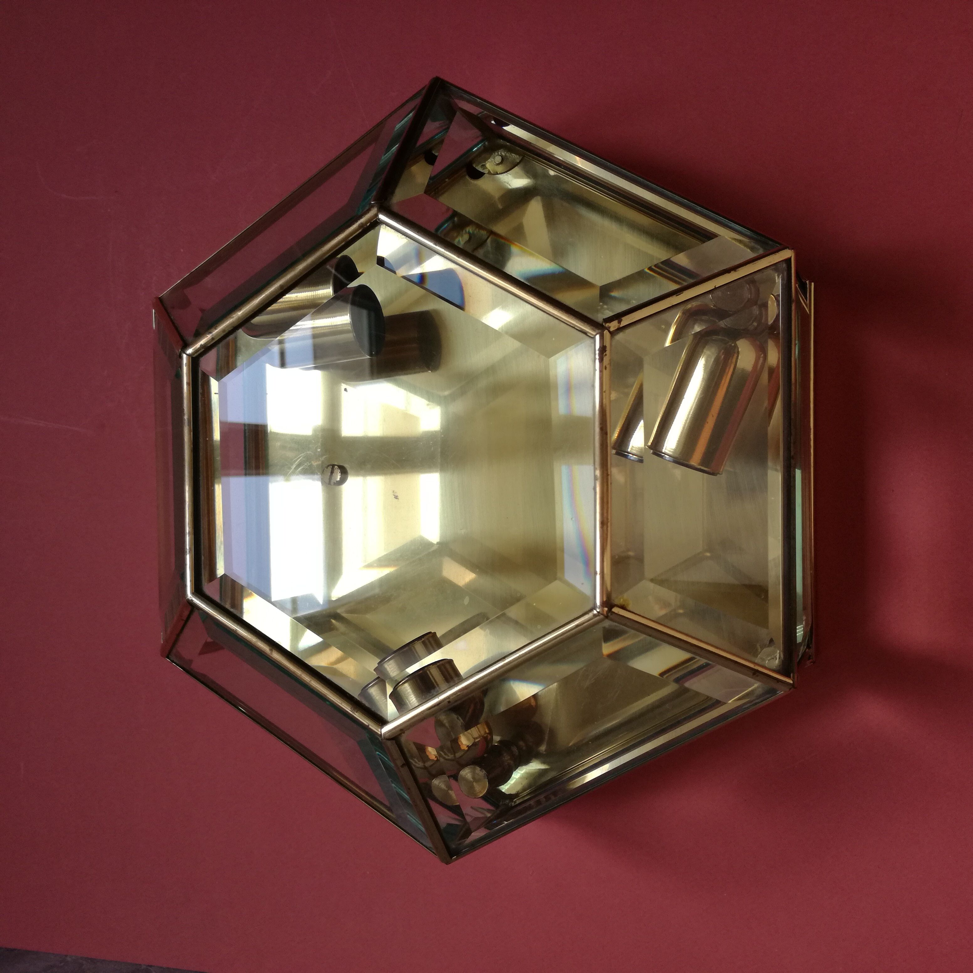 Hexagonal brass and bevelled glass ceiling light