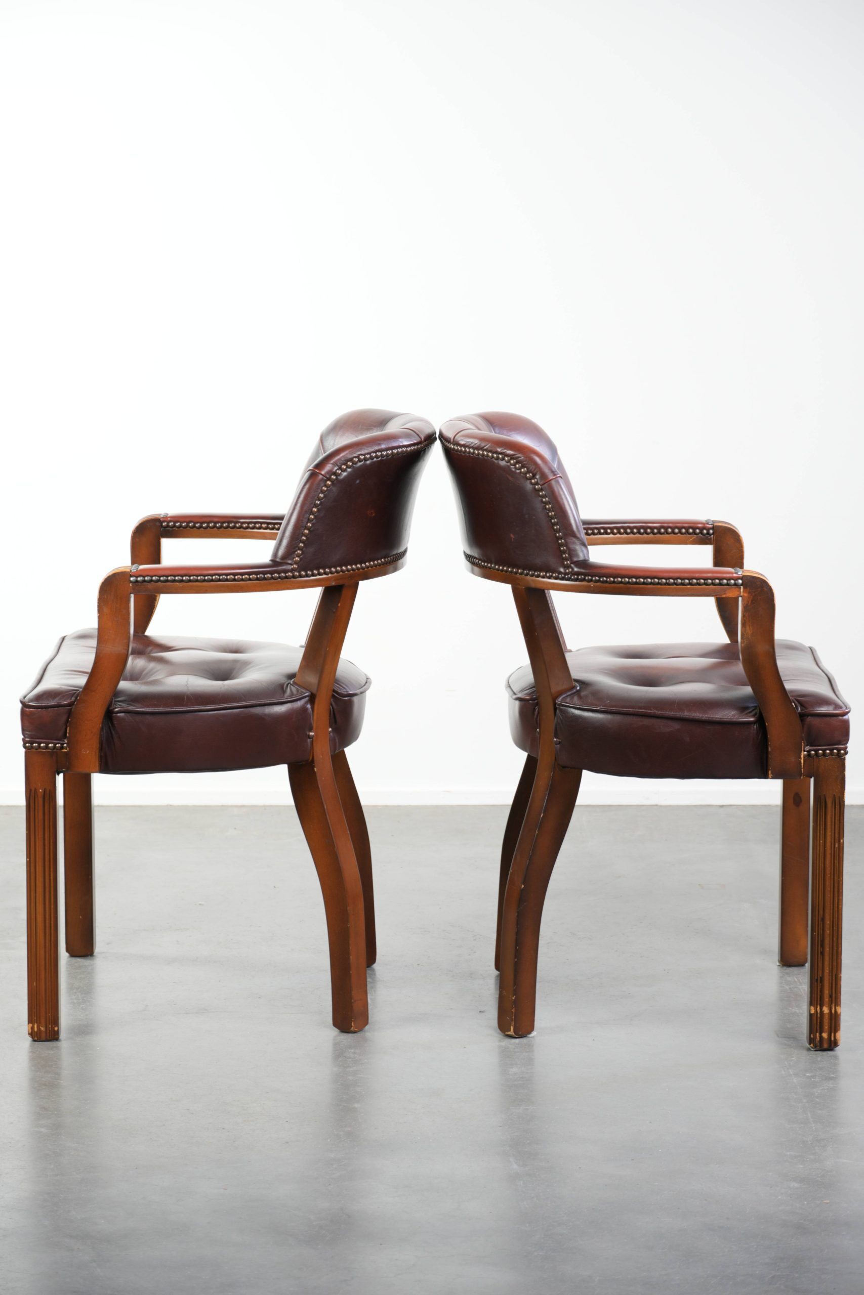 Set of two brown cowhide leather Chesterfield dining chairs