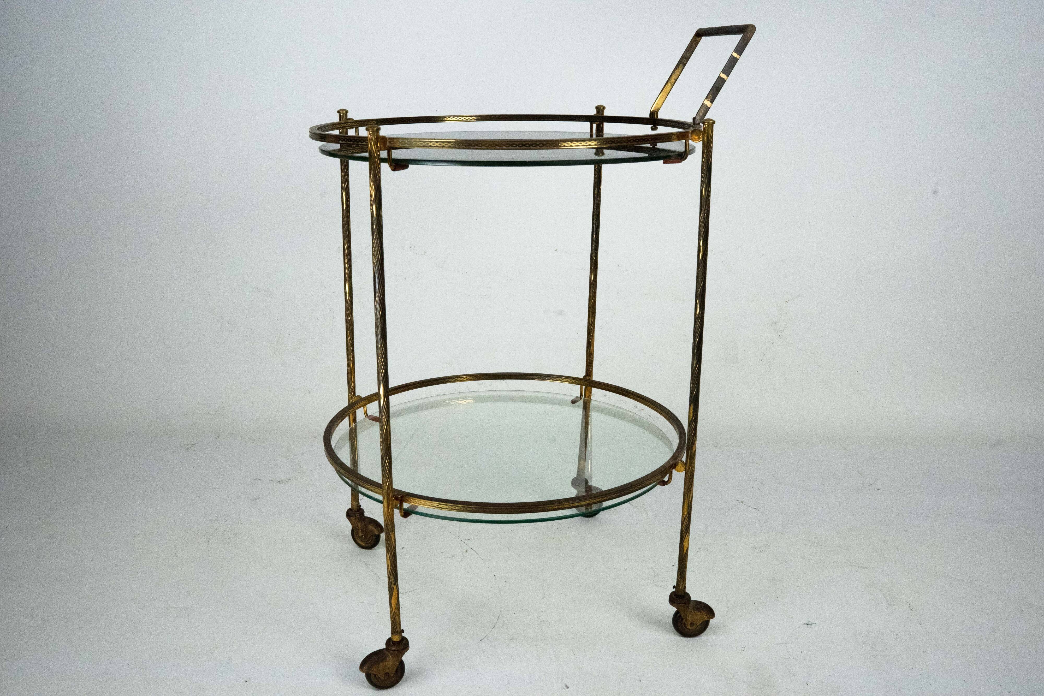 Round Mid-Century Brass and Marble-Effect Glass Bar Cart. Italy 1950s