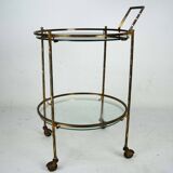 Round Mid-Century Brass and Marble-Effect Glass Bar Cart. Italy 1950s