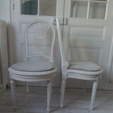 2 louis xvi style chairs beautiful patina chalk bills, seats dressed in gray velvet