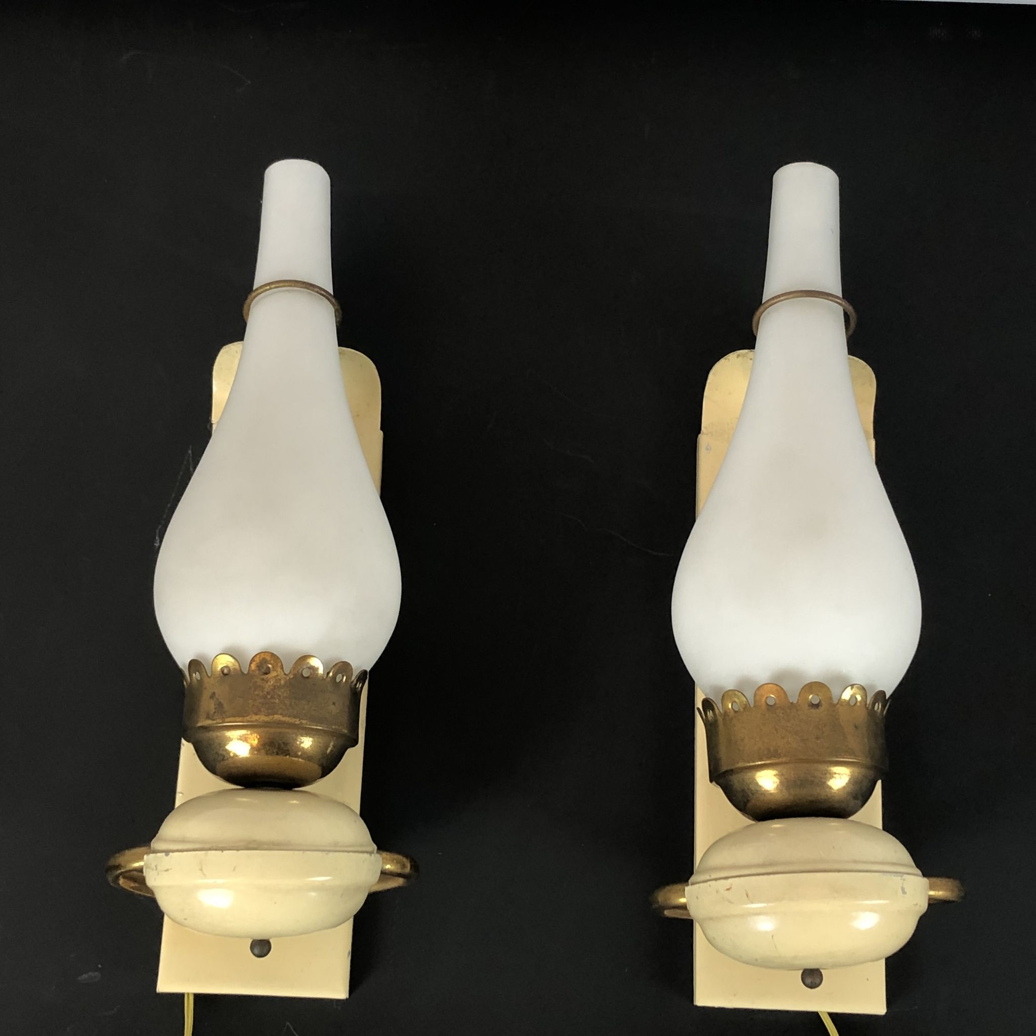 Vintage Italian brass, lacquer and opaline glass sconces from 50s. Set of two
