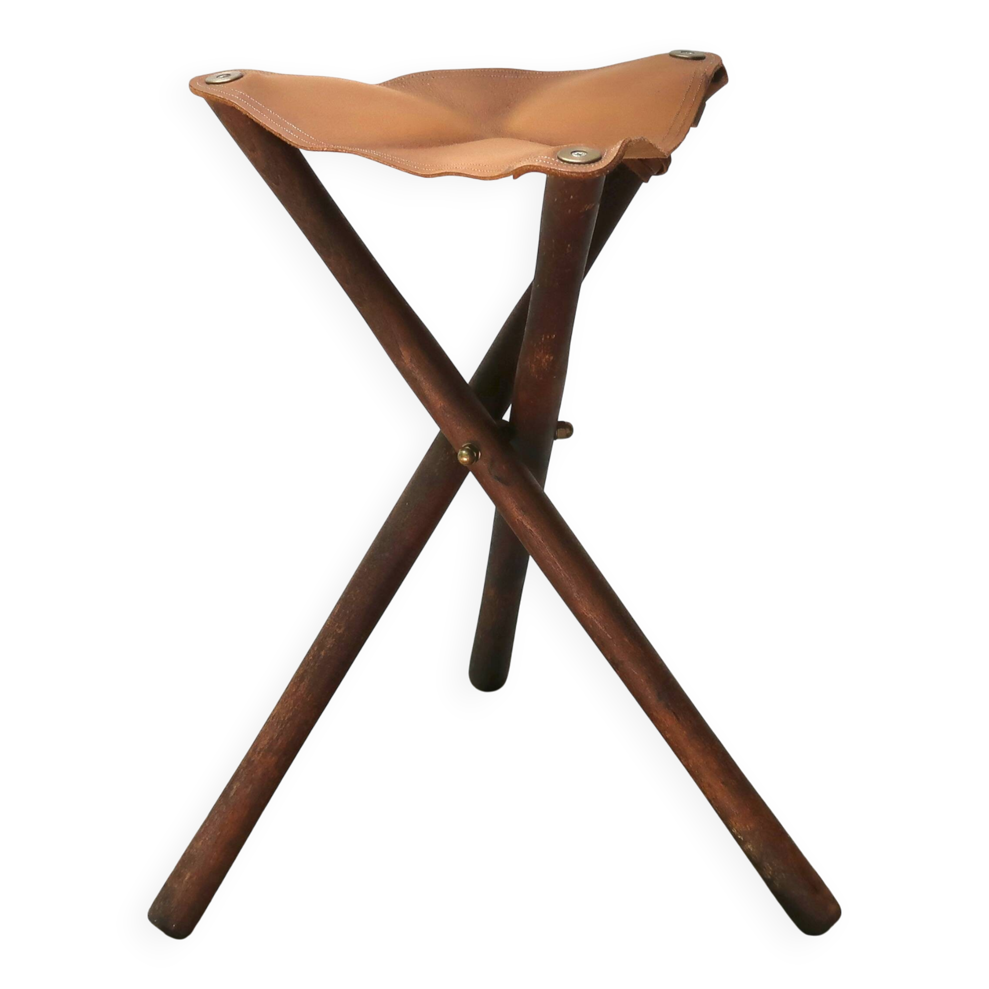 Folding tripod stool in wood and leather, 1950s