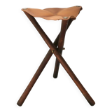 Folding tripod stool in wood and leather, 1950s