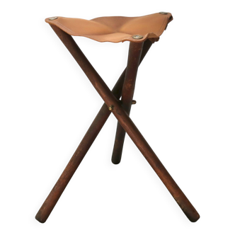 Folding tripod stool in wood and leather, 1950s
